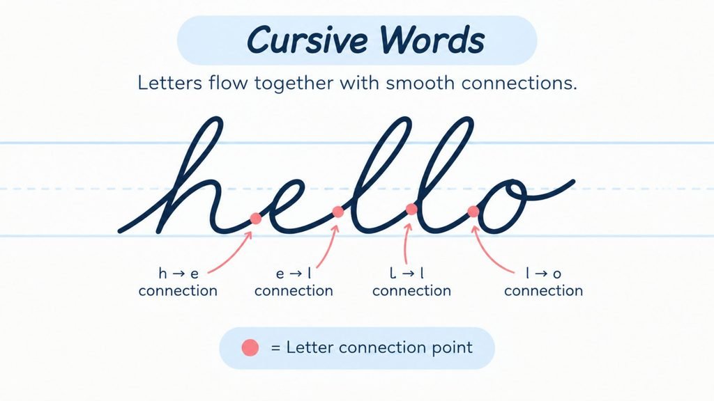 Cursive words showing letter connections