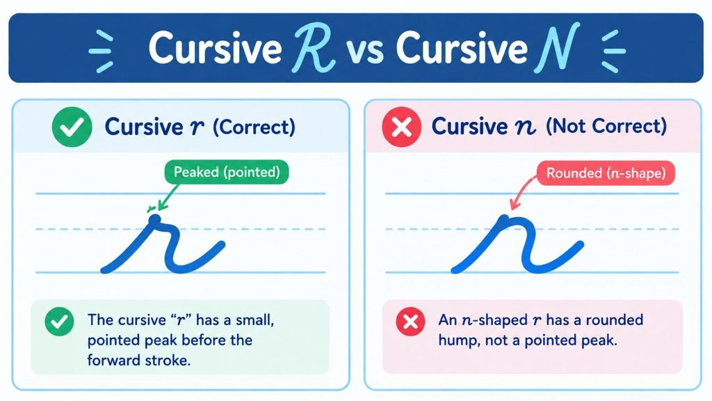 Side-by-side comparison of a correctly peaked cursive r and an n-shaped r
