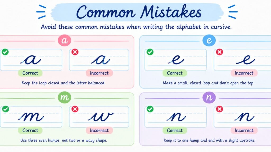 Common cursive writing mistakes illustrated with correct and incorrect examples of the lowercase letters a, e, m, and n.