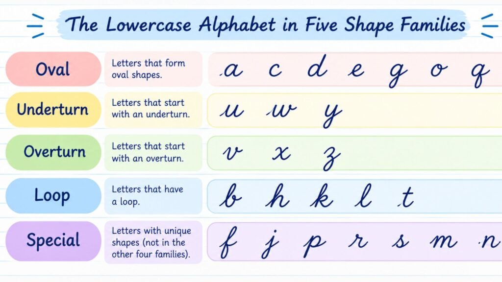 Lowercase cursive alphabet grouped into five shape families: oval, underturn, overturn, loop, and special letters.