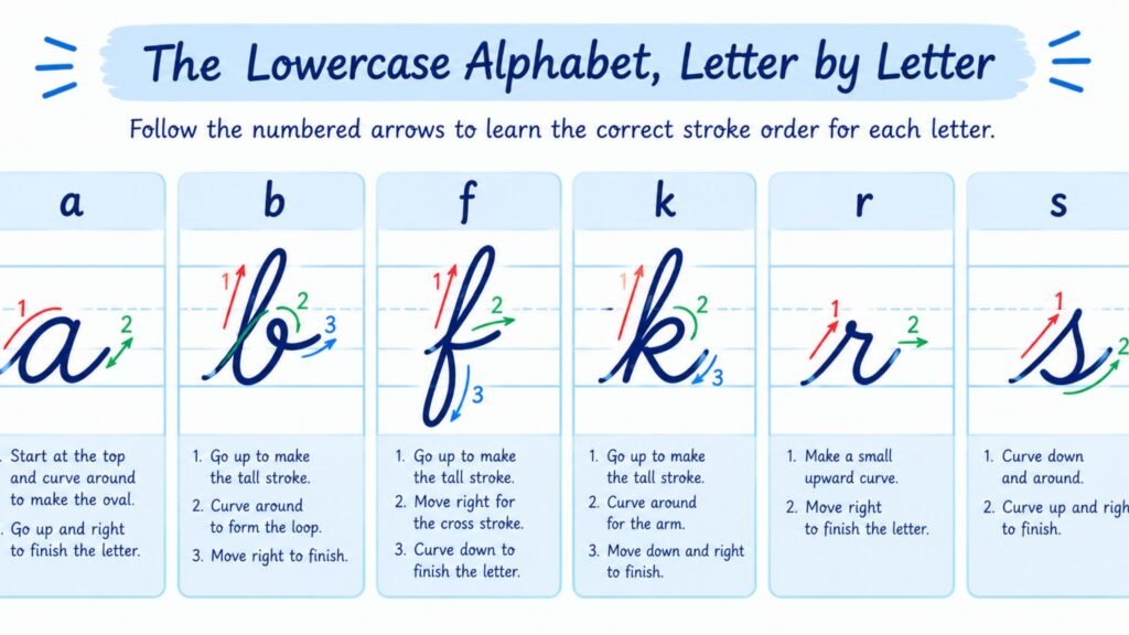 Stroke order for lowercase cursive letters a, b, f, k, r, and s, shown with numbered arrows.