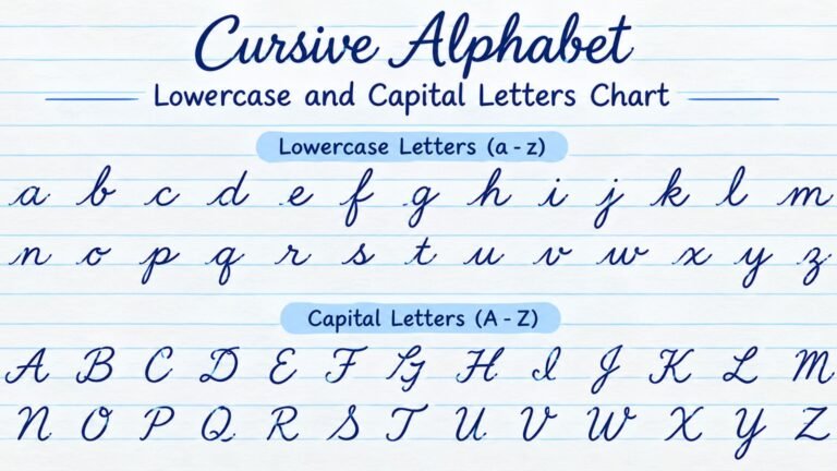 Cursive alphabet chart showing lowercase a–z and uppercase A–Z letters on ruled paper.