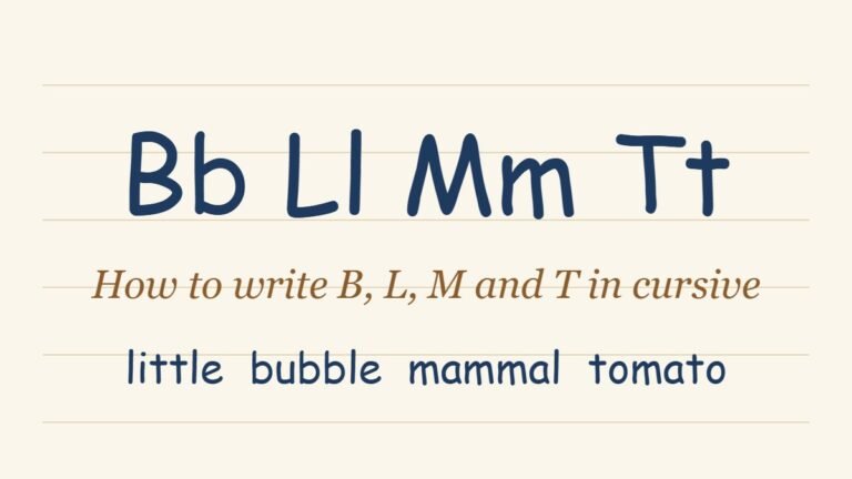 Cursive letters B, L, M and T with the words little, bubble, mammal and tomato written in cursive script