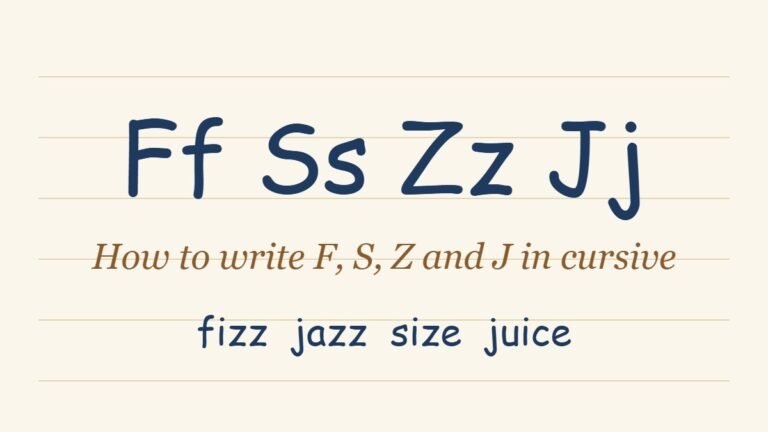Cursive letters F, S, Z and J with the words fizz, jazz, size and juice written in cursive script