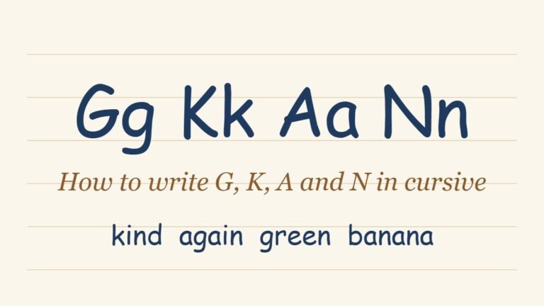Cursive letters G, K, A and N with the words kind, again, green and banana written in cursive script